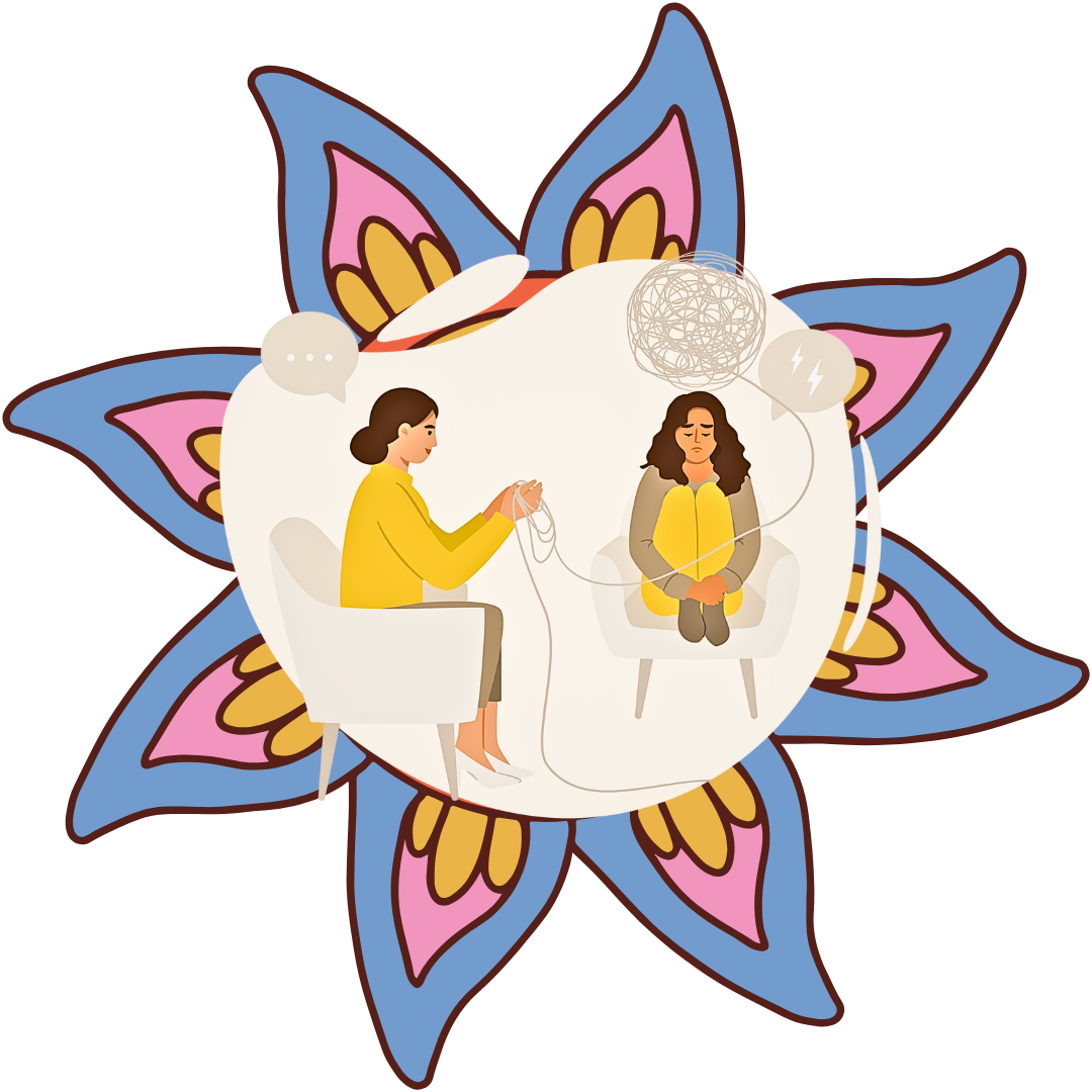 Ketamine Therapy 101: What It Is, How It Works, and Who It Helps Therapist supporting a woman with tangled thoughts in a psychedelic lotus backdrop, representing ketamine therapy, mental health healing, and integration support.